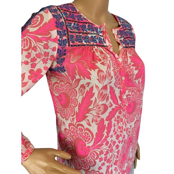 J. Crew Embroidered Cotton Popover Top Pink Floral 3/4 Sleeve Size 00 - Picture 8 of 10